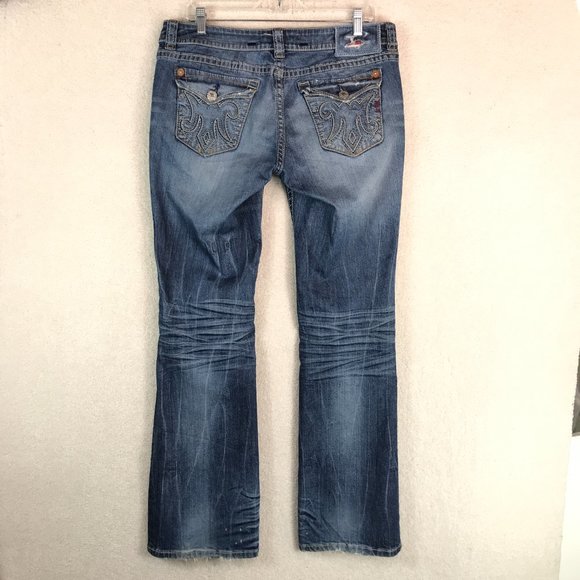 MEK Prague Boot Cut Jeans Womens 31x34 Medium Wash Denim Mid Rise Distressed - Picture 12 of 15